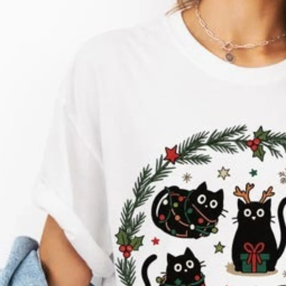 Merry Catmas Shirt, Funny Cat Christmas Tee, Cat Christmas Lights Meowy Tee - Picture 3 of 4